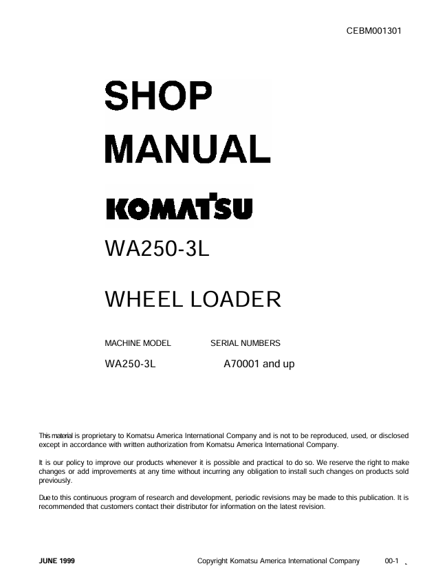 Komatsu WA250-3L Wheel Loader Shop Manual CEBM001301