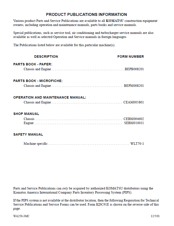 Komatsu WA250-3MC Wheel Loader Operating Instructions Manual CEAM005802