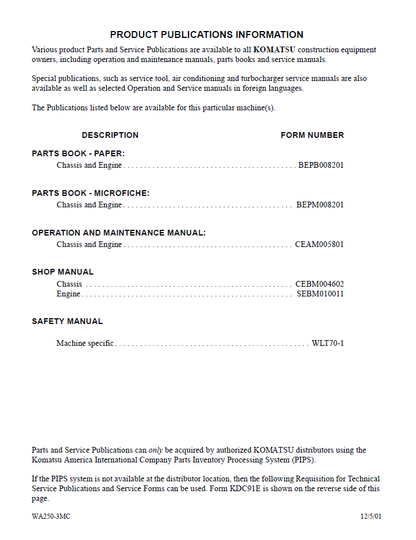 Komatsu WA250-3MC Wheel Loader Operating Instructions Manual CEAM005802