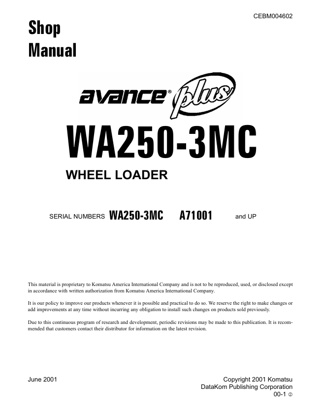 Komatsu WA250-3MC Wheel Loader Shop Manual – CEBM004602