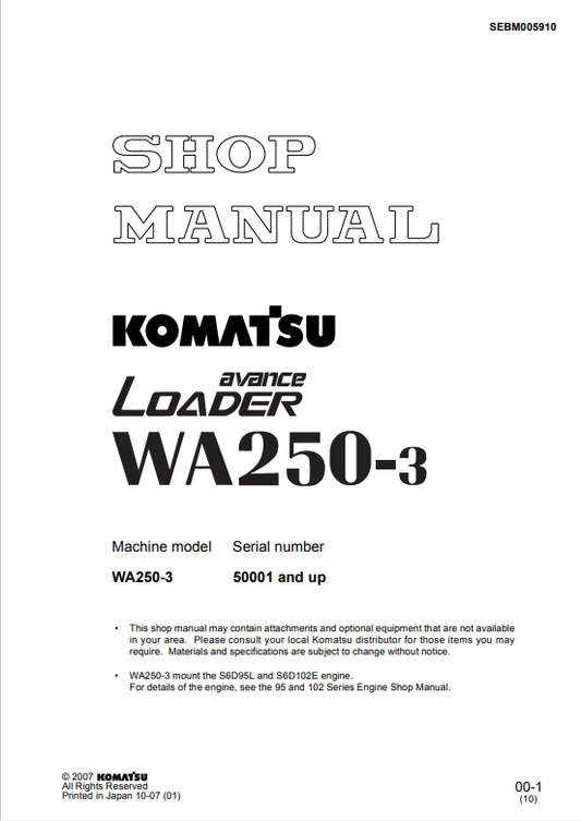 Komatsu WA250-3 Wheel Loader Shop Manual S/N 50001-UP PDF
