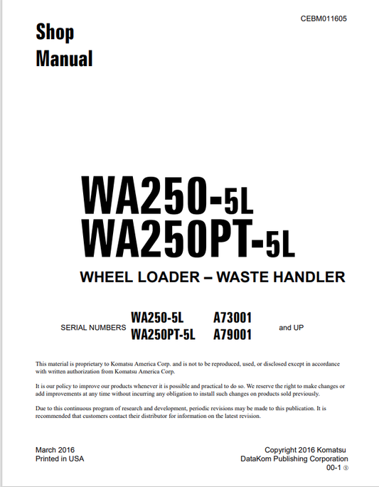 Komatsu WA250-5L WA250PT-5L Wheel Loader Shop Manual PDF