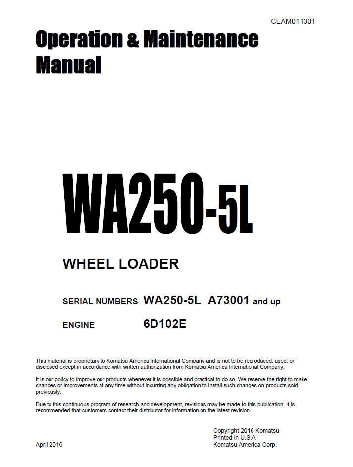 Komatsu WA250-5L Wheel Loader Manual CEAM011301
