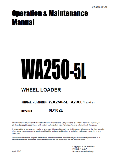 Komatsu WA250-5L Wheel Loader Manual CEAM011301