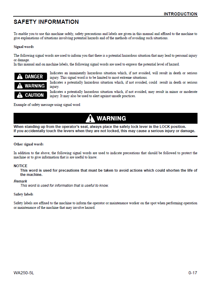 Komatsu WA250-5L Wheel Loader PDF Manual CEAM011301