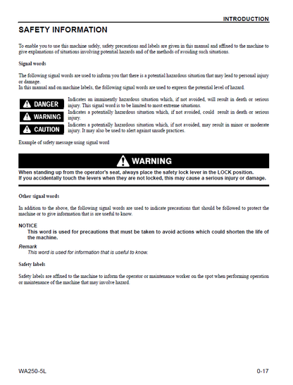 Komatsu WA250-5L Wheel Loader PDF Manual CEAM011301