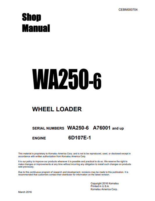 Komatsu WA250-6 Wheel Loader Shop Manual SN 76001-UP PDF