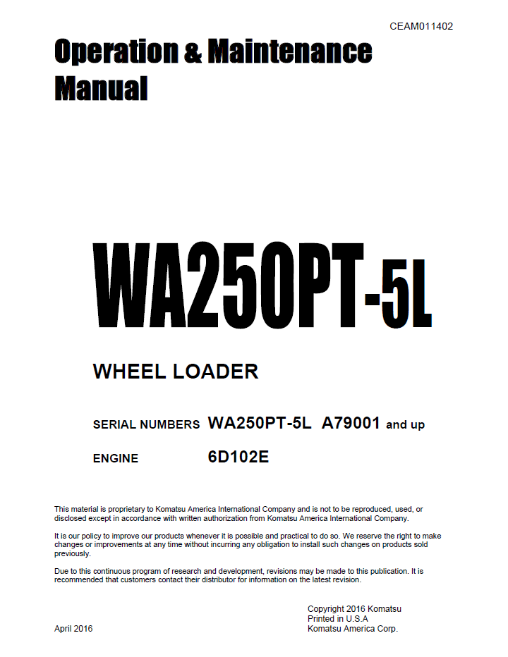 Komatsu WA250PT-5L Wheel Loader Manual CEAM011402