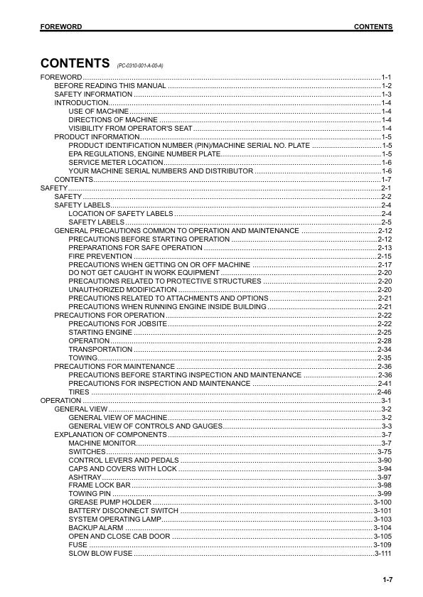 Komatsu WA270-7 Wheel Loader Operator and Technical Manual