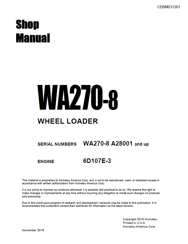 Komatsu WA270-8 Wheel Loader Shop Manual CEBM031301