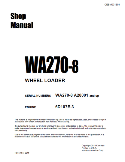 Komatsu WA270-8 Wheel Loader Shop Manual CEBM031301