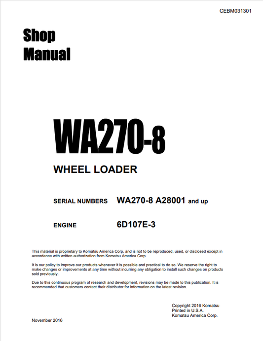 Komatsu WA270-8 Wheel Loader Shop Manual SN A28001-UP PDF