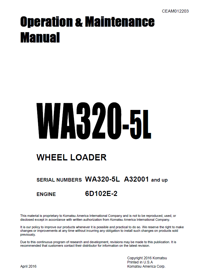Komatsu WA320-5L Wheel Loader Manual CEAM012203