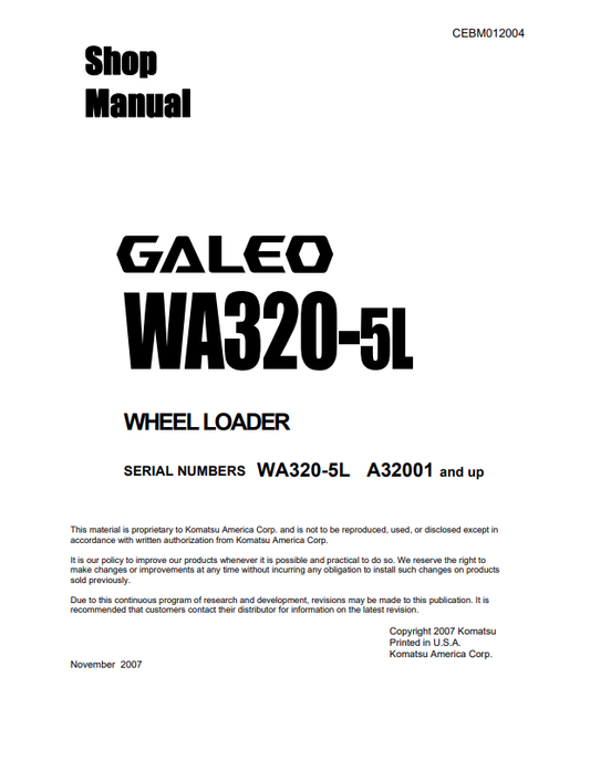 Komatsu WA320-5L Wheel Loader Shop Manual SN A32001-UP PDF