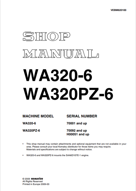 Komatsu WA320-6 WA320PZ-6 Wheel Loader Shop Manual PDF