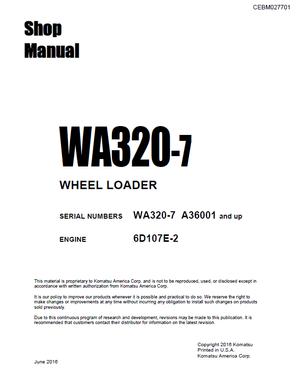 Komatsu WA320-7 Wheel Loader Shop Manual CEBM027701