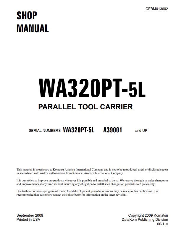 Komatsu WA320PT-5L Parallel Tool Carrier Service Manual CEBM013602