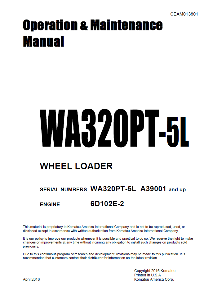 Komatsu WA320PT-5L Wheel Loader Manual CEAM013801