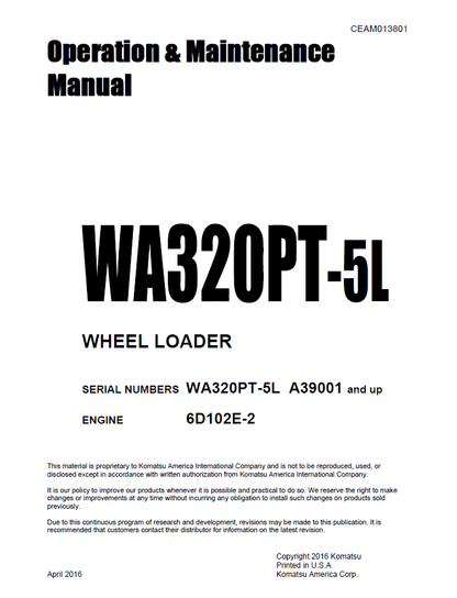 Komatsu WA320PT-5L Wheel Loader Manual CEAM013801