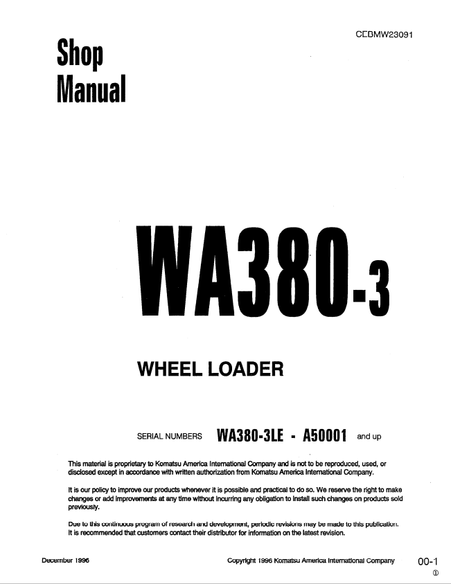 Komatsu WA380-3 Wheel Loader Shop Manual CEBMW23091