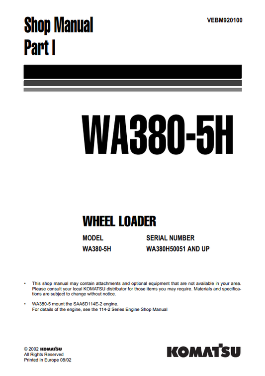 Komatsu WA380-5H Wheel Loader Service & Repair Manual PDF
