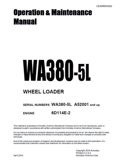 Komatsu WA380-5L Wheel Loader Manual CEAM009302