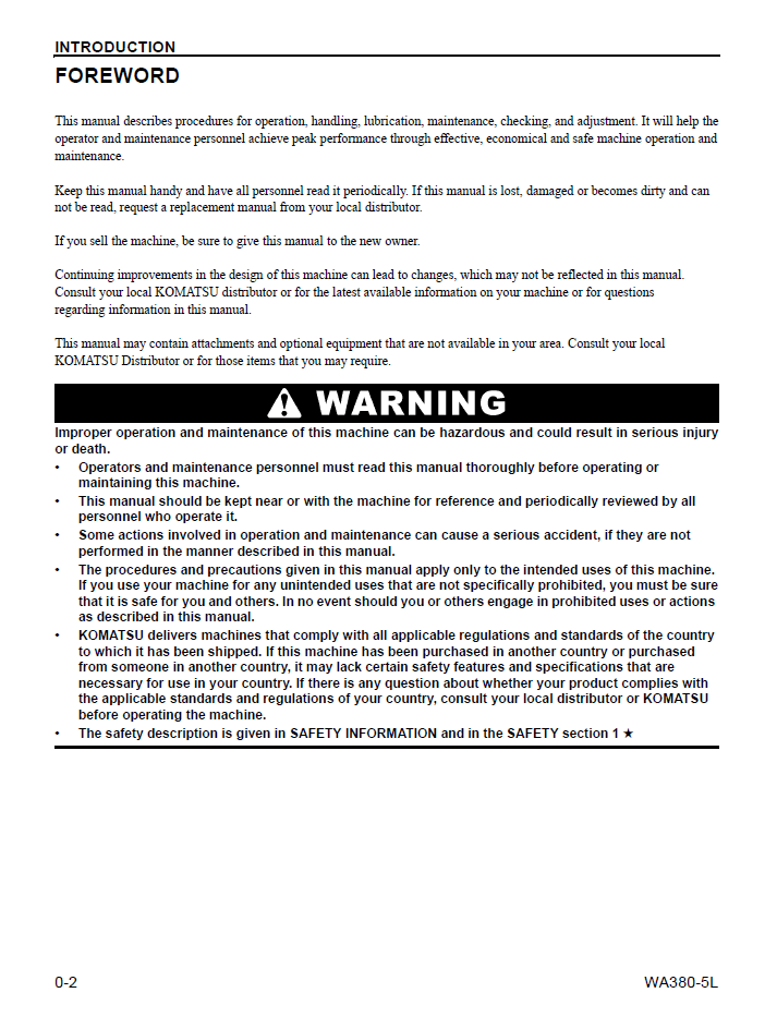 Komatsu WA380-5L Wheel Loader Operation Guide CEAM009302