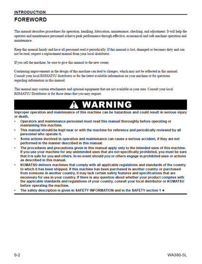 Komatsu WA380-5L Wheel Loader Operation Guide CEAM009302