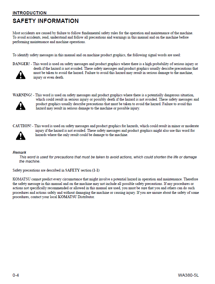 Komatsu WA380-5L Wheel Loader PDF Manual CEAM009302