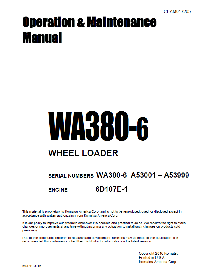 Komatsu WA380-6 Wheel Loader Manual CEAM017205
