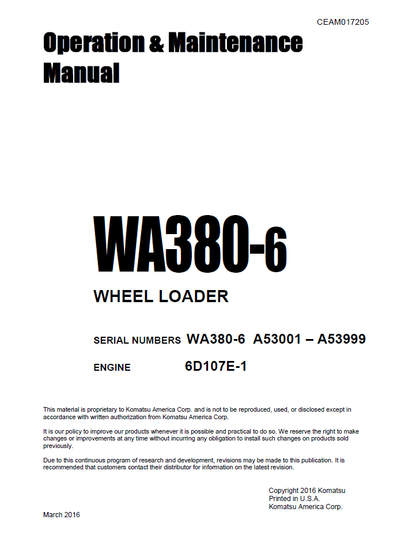 Komatsu WA380-6 Wheel Loader Manual CEAM017205
