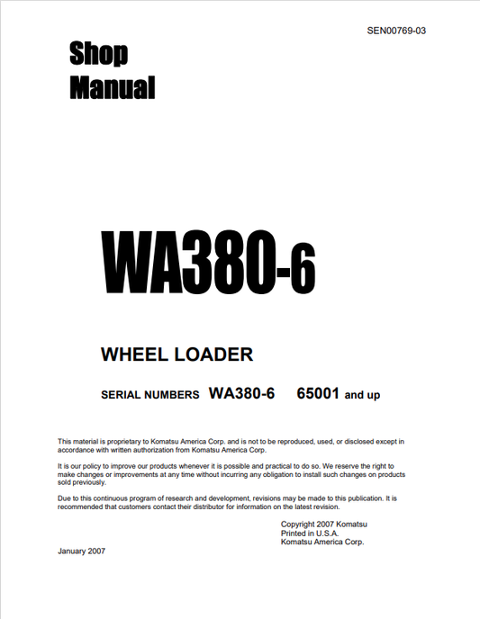 Komatsu WA380-6 Wheel Loader Shop Manual S/N 65949-UP PDF