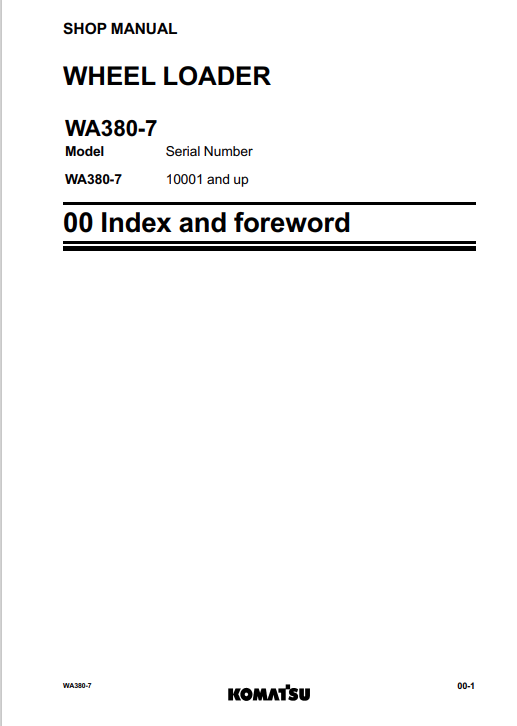 Komatsu WA380-7 Wheel Loader Service & Repair Manual PDF
