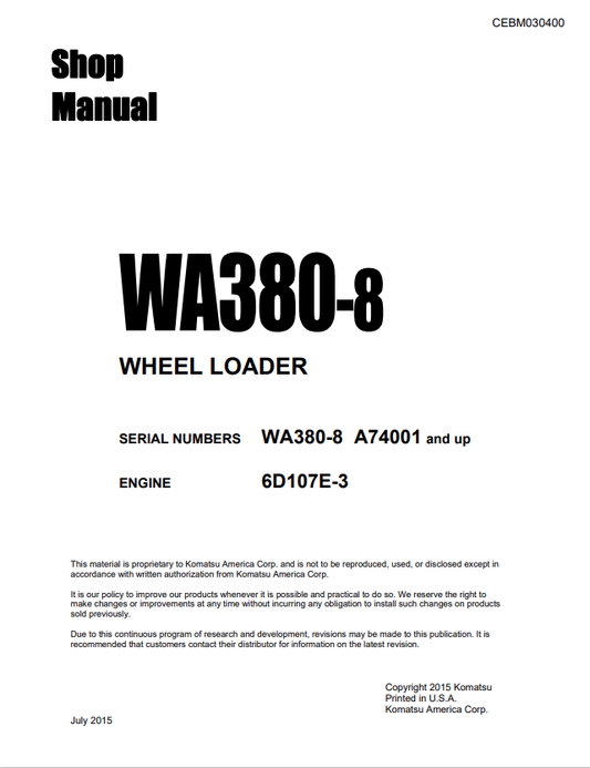 Komatsu WA380-8 Wheel Loader Shop Manual SN A74001-UP PDF