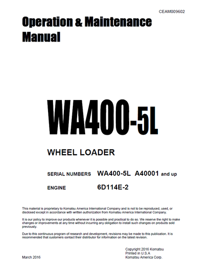 Komatsu WA400-5L Wheel Loader Manual CEAM009602