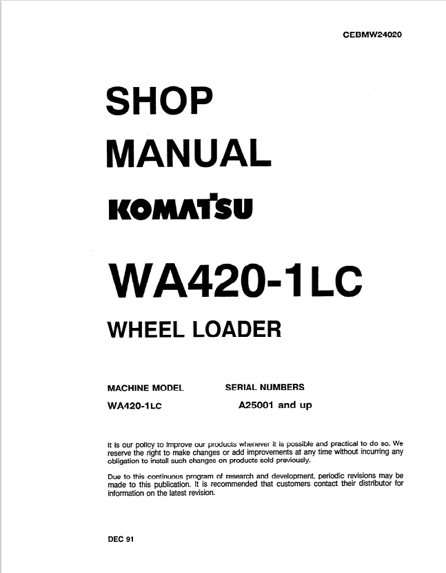 Komatsu WA420-1LC Wheel Loader Shop Manual CEBMW24020