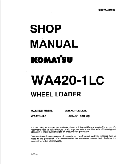 Komatsu WA420-1LC Wheel Loader Shop Manual CEBMW24020