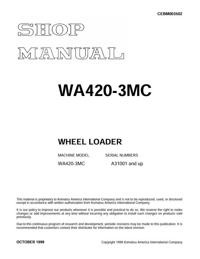 Komatsu WA420-3MC Wheel Loader Shop Manual – CEBM003502