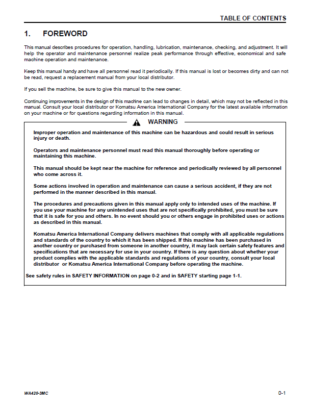 Komatsu WA420-3 Operation and Maintenance Guide CEAM003701