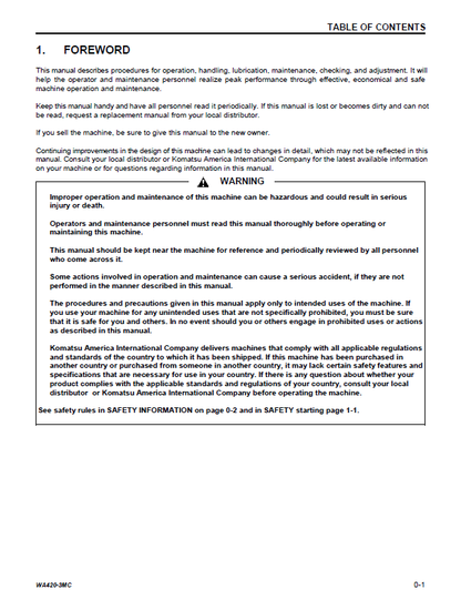 Komatsu WA420-3 Operation and Maintenance Guide CEAM003701
