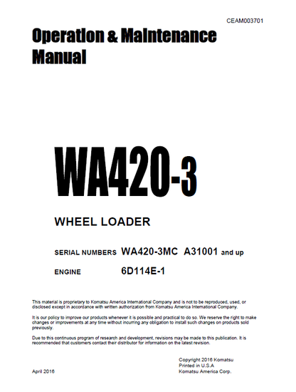 Komatsu WA420-3 Wheel Loader Operation and Maintenance Manual CEAM003701