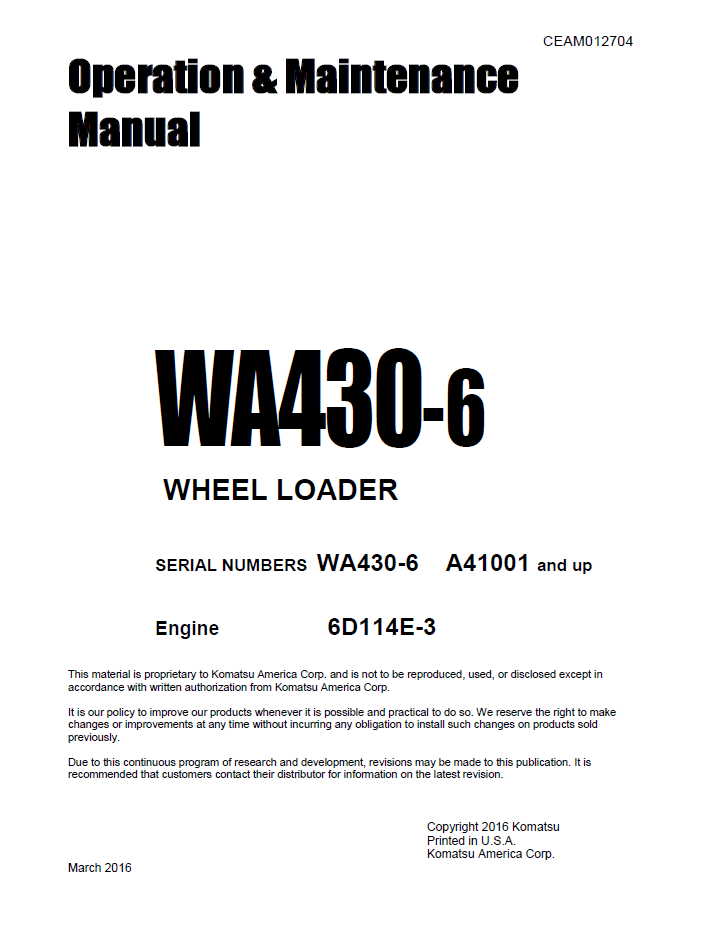 Komatsu WA430-6 Wheel Loader Manual CEAM012704
