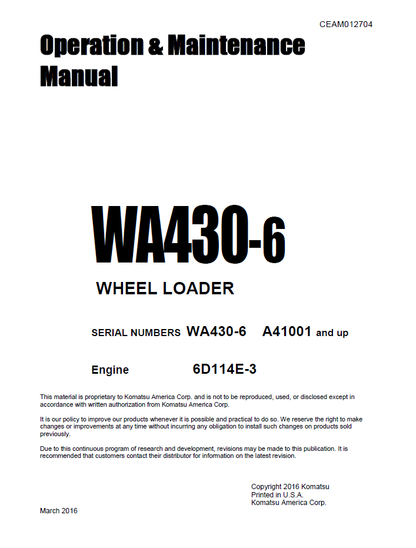 Komatsu WA430-6 Wheel Loader Manual CEAM012704