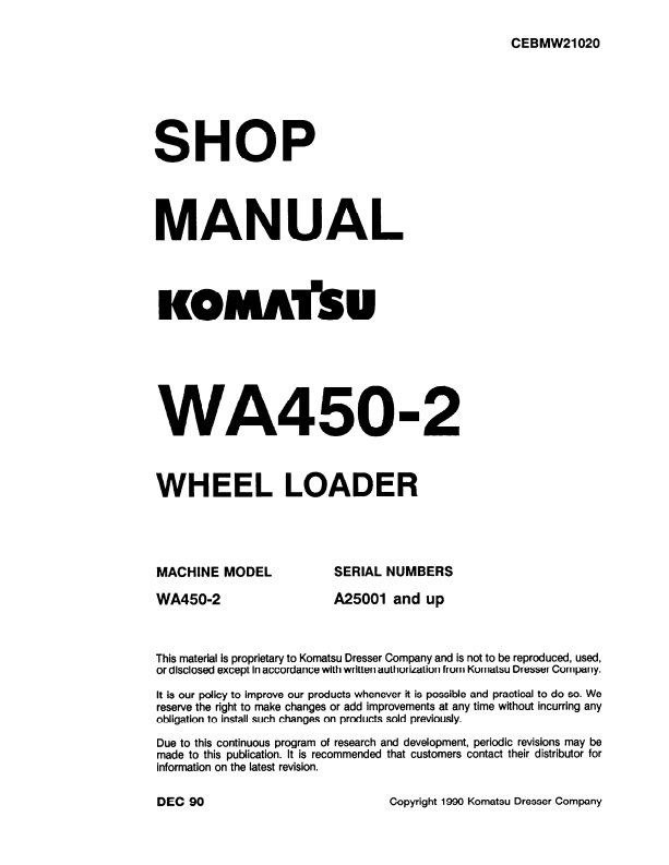 Komatsu WA450-2 Wheel Loader Shop Manual CEBMW21020