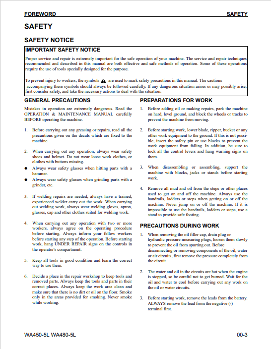 Komatsu WA450-5L WA480-5L Wheel Loader Maintenance and Troubleshooting Manual PDF