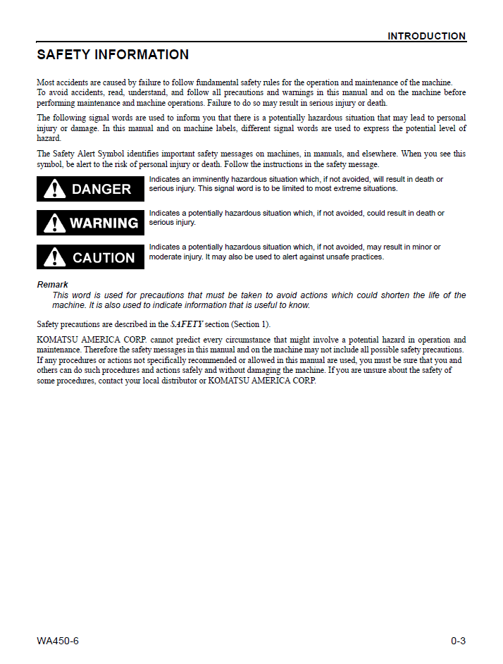 Komatsu WA450-6 Wheel Loader Operating Manual CEAM018204