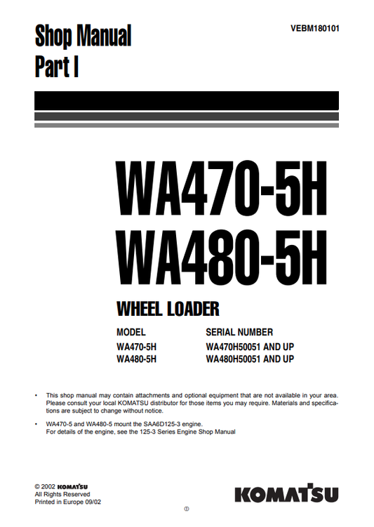 Komatsu WA470-5H WA480-5H Wheel Loader Shop Manual PDF