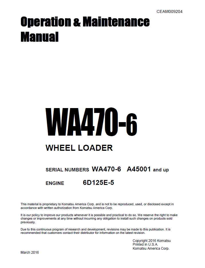 Komatsu WA470-6 Wheel Loader Manual CEAM009204