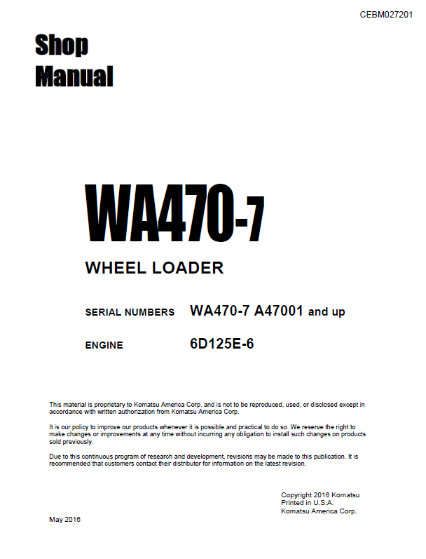 Komatsu WA470-7 Wheel Loader Shop Manual CEBM027201