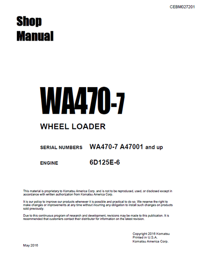Komatsu WA470-7 Wheel Loader Shop Manual CEBM027201